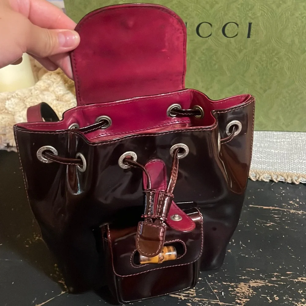 Gucci Burgundy Patent Leather Bamboo Top Handle Backpack